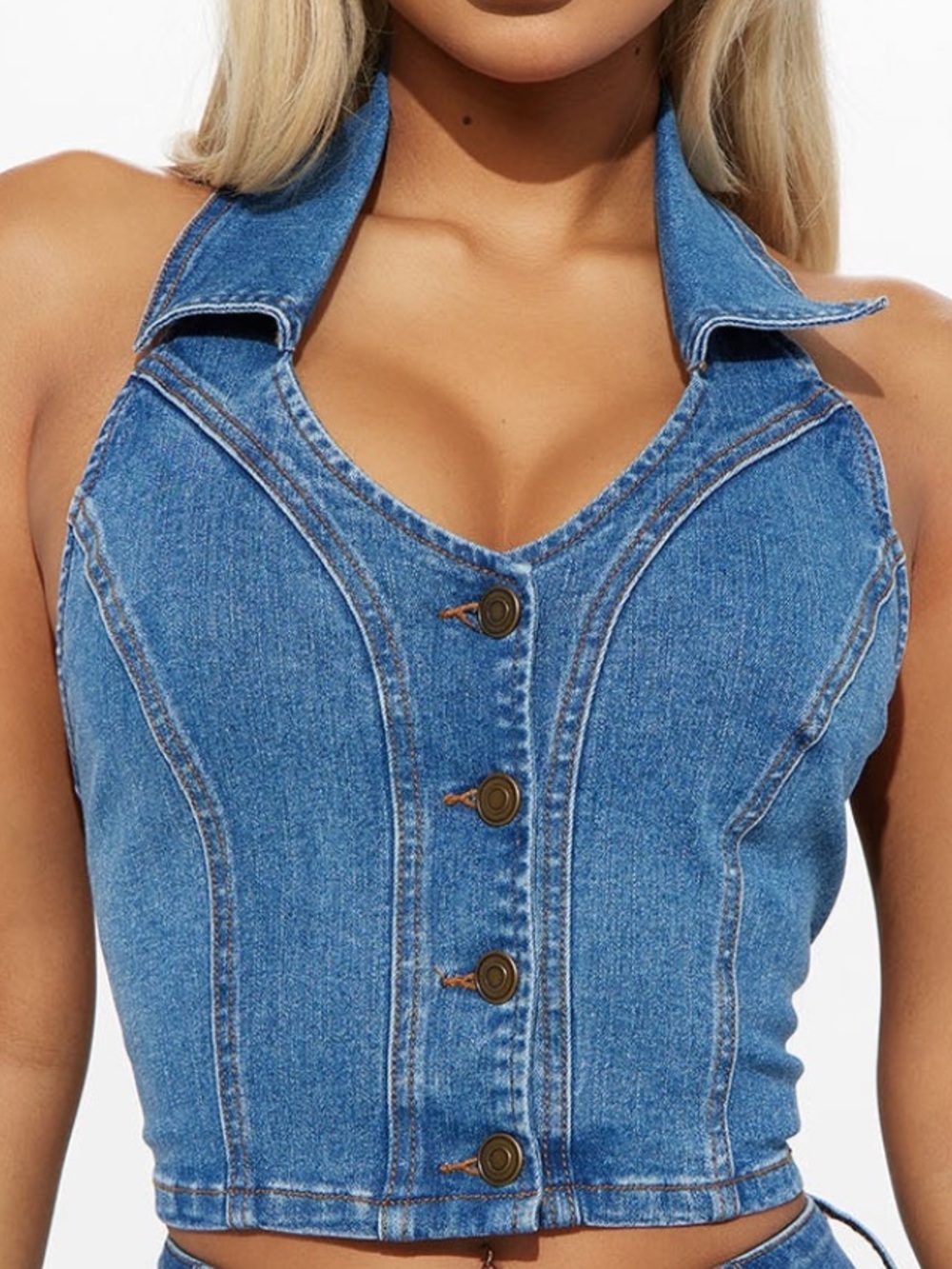 Denim Halter Crop Top - Blue